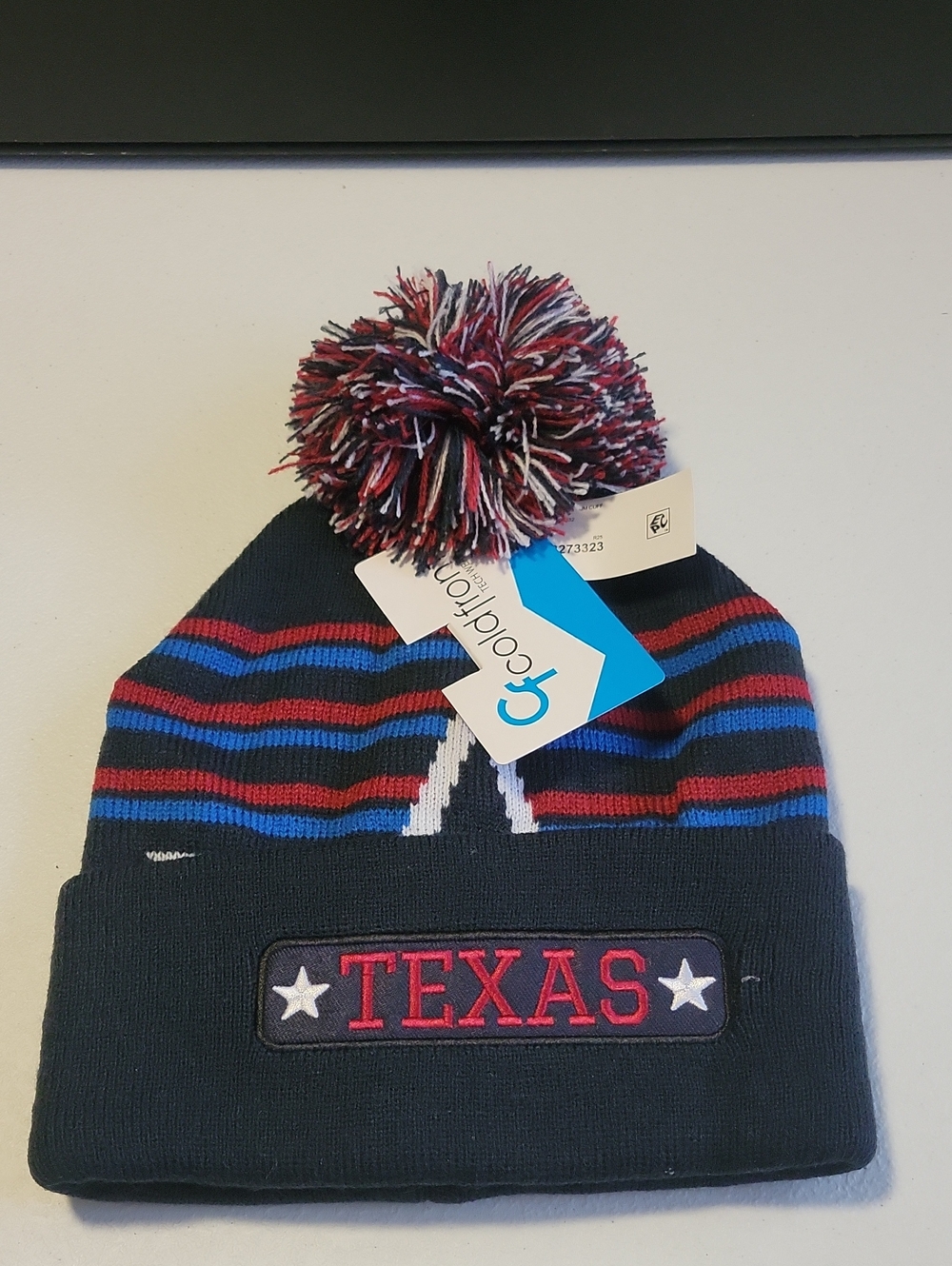 Navy Beanie with Red & Blue Stripes. T22